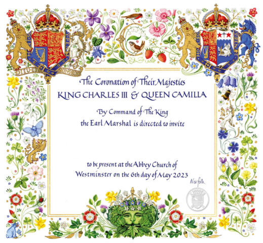 The ornate invitation reads: "The Coronation of Their Majesties King Charles III and Queen Camilla by command of The King The Earl Marshal is directed to invite (gap) to be present at the Abbey Church of Westminster on the 6th day of May 2023"